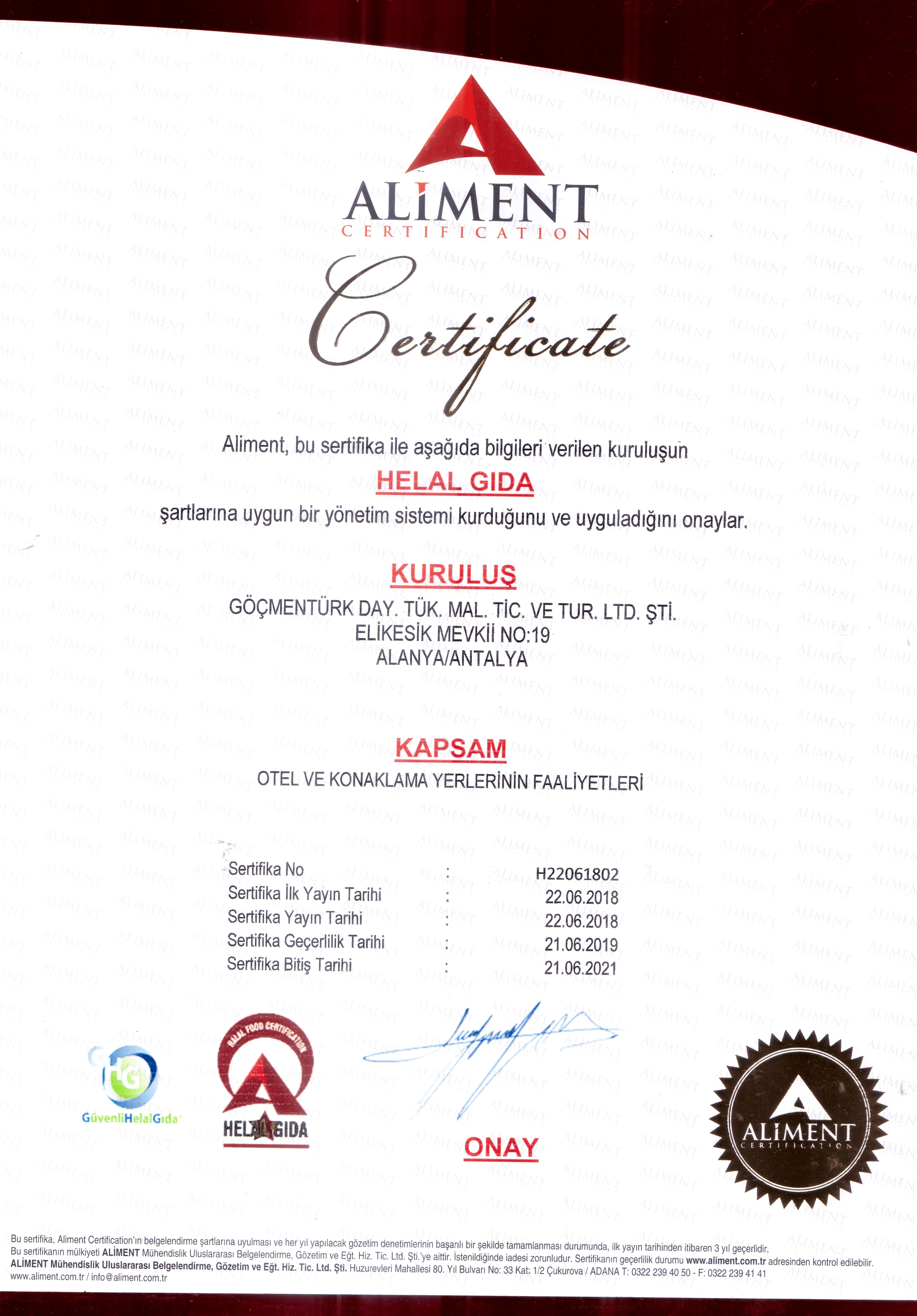 Sea Star hizmet standardı sertifikası